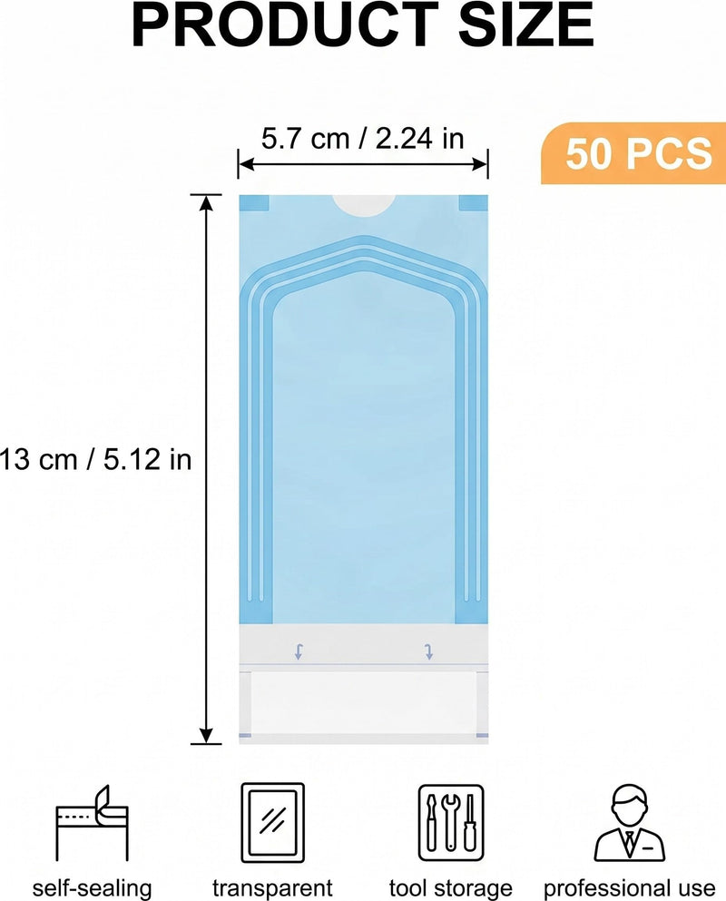 Sterilisation Bags, Pack of 50 (5.7 x 13 cm), Self-Adhesive Autoclave Bags with Seal, Heat Resistant for Dental & Lab, Reliably Prevents Contamination