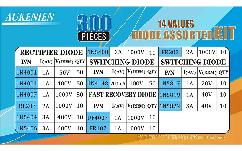 Aukenien 14 value 300 pieces of diodes KIT rectifier switch switch Schottky diode set 1N4001 1N4004 1N5406 1N5408 1N5819 1N5822 Fr107 fr207 RL207 UF4007 Diodes - 14