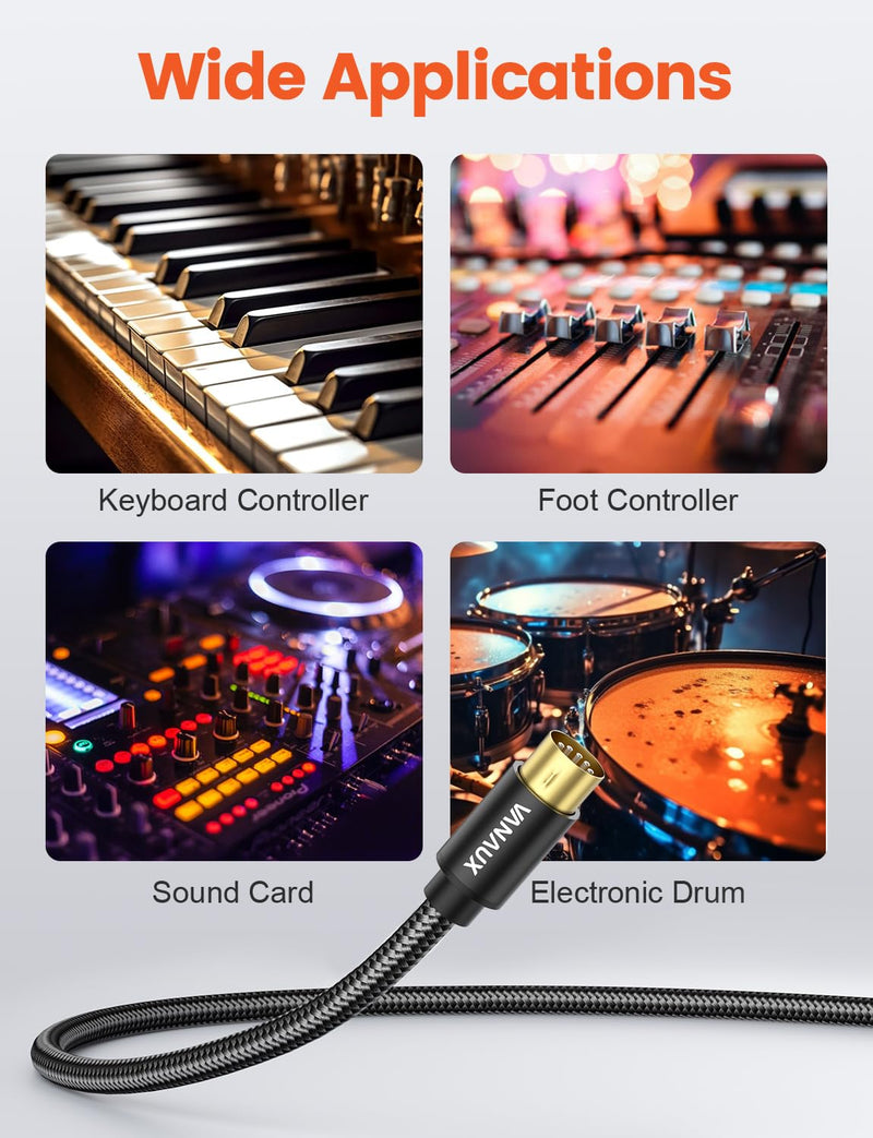 VANAUX MIDI Cable 3FT, Male to Male 5-Pin MIDI Cable Compatible with MIDI Keyboard, Keyboard Synth, Rack Synth, Sampler, External Sound Card, Sound Source and More-Black