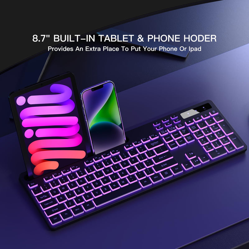 Wireless Keyboard with 7-Color RGB Backlit, Full-Size Computer Keyboard with Phone Tablet Holder, Rechargeable 2.4G Wireless Gaming Keyboard with Light Up Key, Compatible with Mac, Windows