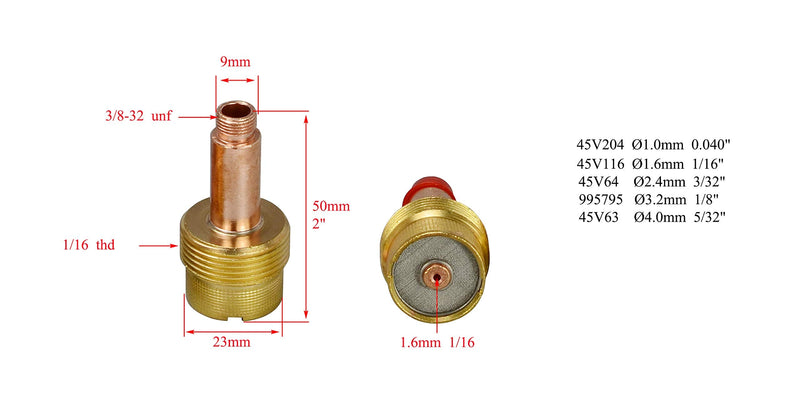 RIVERWELD TIG Gas Lens Collet Bodies Jumbo Large Diameter 45V116 1/16", 45V64 3/32, 995795 1/8", 45V63 5/32" Alumina Nozzle Ceramic Cup 57N 53N series for SR WP 17 18 26 TIG Welding Torch 14pcs Assorted Size 14pcs