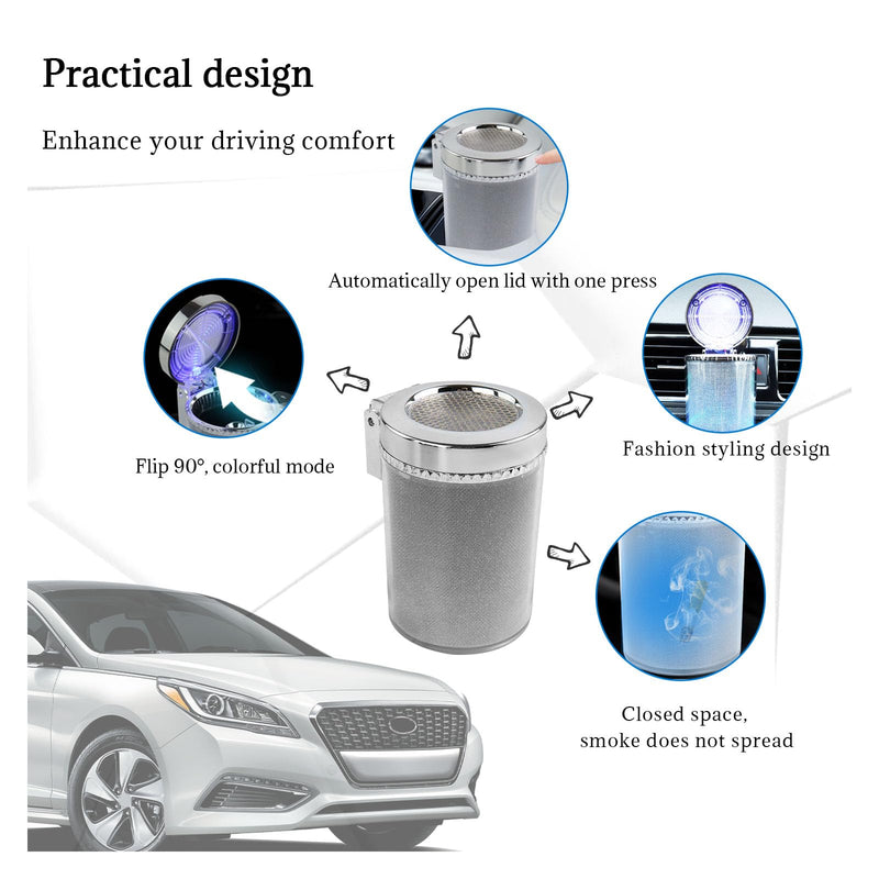 Car Ashtray with Blue LED Light, Smell Proof Smokeless Auto Ashtray with Lid, Portable Mini Car Trash Can, Universal Vehicle Cup Holder Air Vent Ashtray for Car Home Office (Colorful) Colorful
