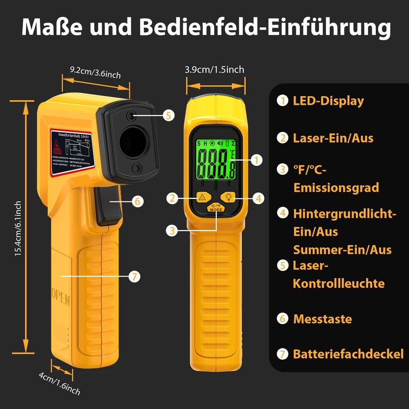 Infrared Thermometer Non-Contact Laser Temperature Meter -50℃~530℃ | Digital Infrared Laser Thermometer for Cooking, Grill, Fridge, Air Conditioning, Car & Industry, Adjustable Emissivity yellow
