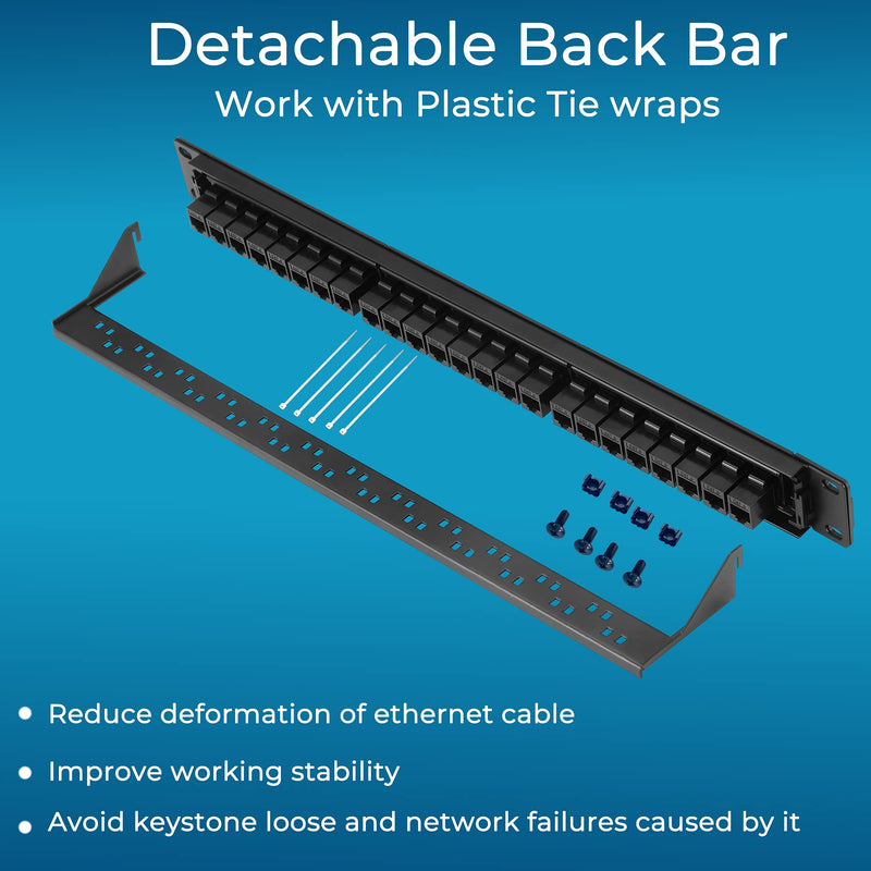 Rapink Patch Panel 24 Port Cat6 with Inline Keystone 10G Support, Pass-Thru Coupler Patch Panel UTP 19-Inch with Removable Back Bar, 1U Network Panel for Cat6, Cat5e, Cat5 Cabling Black