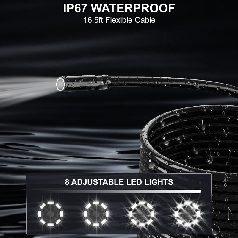 HANMATEK Industrial Endoscope, 4.3-Inch TFT Screen, 16.5ft Flexible Cable, IP67 Waterproof, 8mm Camera with Adjustable LED Lights, USB-C Charging, 4 Hours Battery Life, 180° Rotating Display IE01