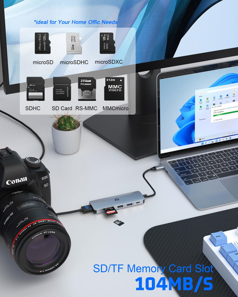 Tiergrade USB C Hub, 6 in 1 Multiport Adapter with 4K HDMI, 100W PD Charging, 2 USB-A Ports, SD & MicroSD Card Reader, Compatible with USB-C Laptops