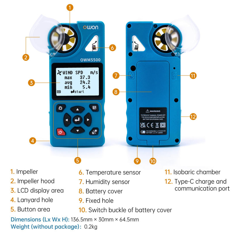 OWON OWM5500 Digital Anemometer, Portable HVAC Anemometer for CFM Airflow, Wind Meter Measures Wind Speed, Temperature and Relative Humidity with USB Sync to PC