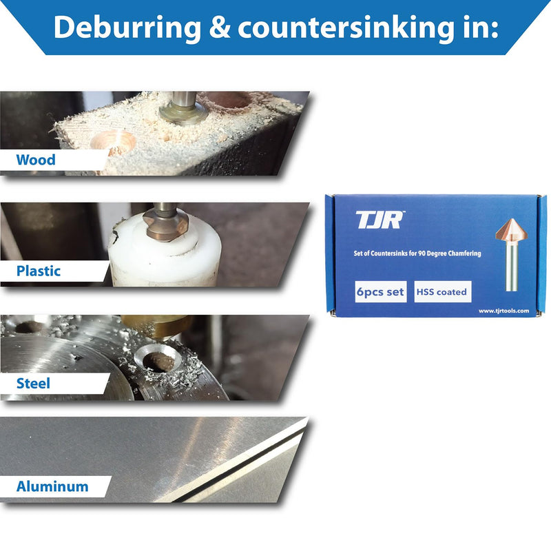 TJR® Countersink 90° Set of 6 Pieces 1/4", 1/3", 2/5", 1/2", 2/3", 4/5" HSS (4241) Coated, for chamfering. Tool Bits Set for Steel, Aluminum, Brass, Wood, Plastic (Coated in Carton Box) Coated in Carton Box