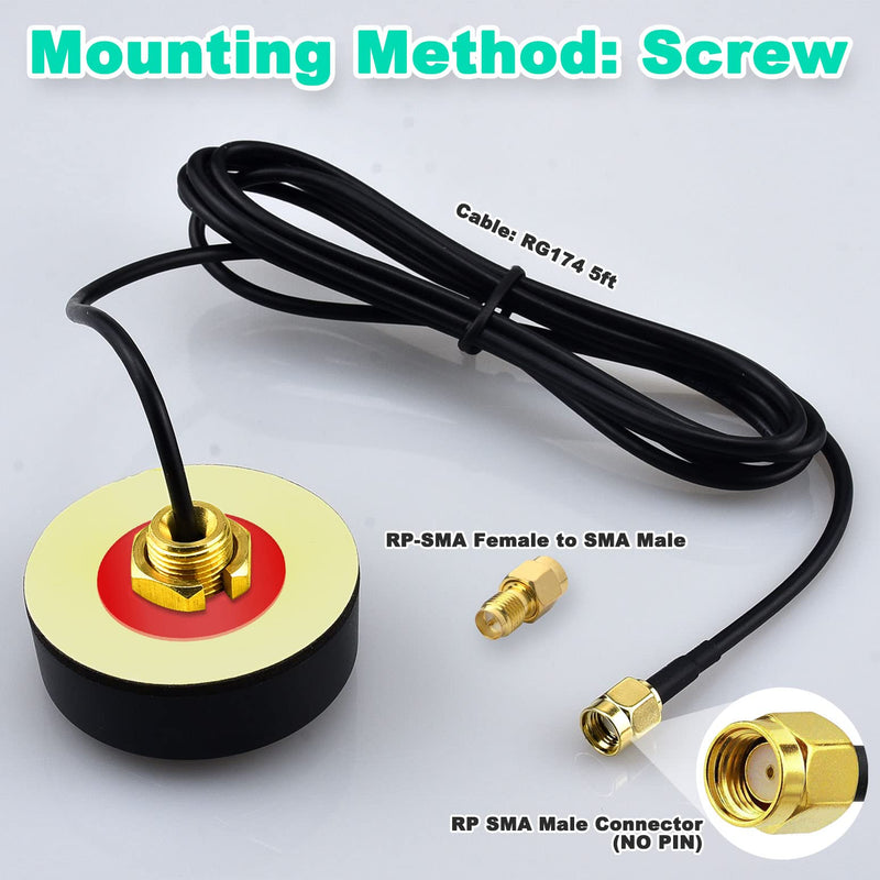 WiFi Puck Antenna Dual Band 2.4G 5.8 GHz, 5dBi Omni-Directional Mini Screw Mount RP-SMA Male Antenna 5ft Cable w/SMA Male to RPSMA Female Adapter for WiFi Router Hotspot Wireless Network Card 5ft /1.5m