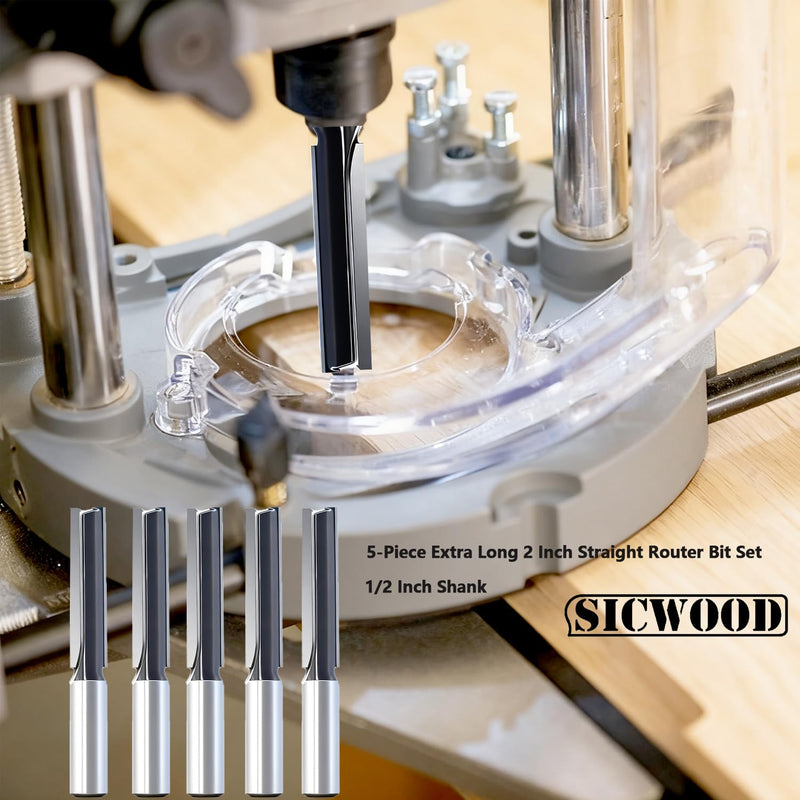 5-Piece Extra Long 2 Inch Straight Router Bit Set, 1/2" Shank, 1/2" Dia, Carbide-Tipped 2-Flute Bits for Deep Grooving, Dados & CNC Woodworking 5pcs 2" straight bit 1/2 shank