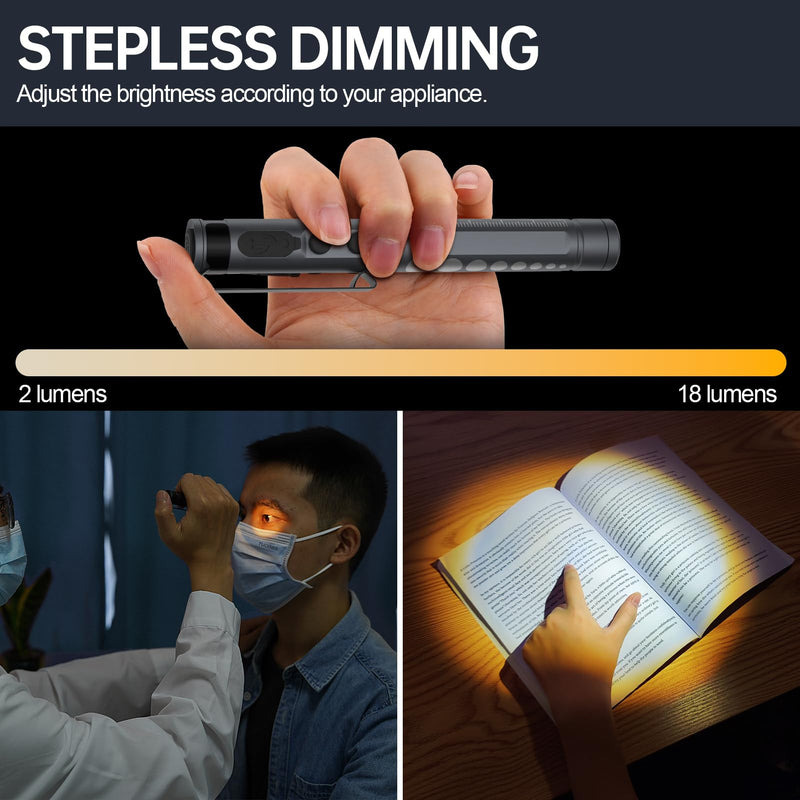 Medical Diagnostic Light, Rechargeable LED Pupil Light with USB Cable, Warm/Cool White & Continuous Dimming, Portable Aluminum Medical Pupil Light with Clip black
