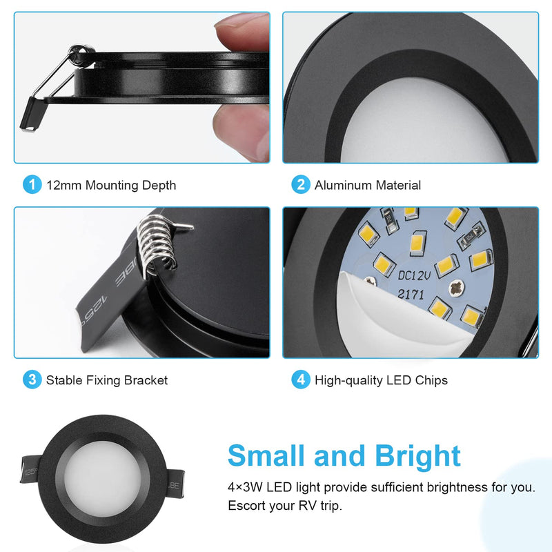 Gr4tec LED recessed spotlight 12V flat, 4 x spot LED dimmable IP44 3W warm white 3000K 84Ra, black cabinet light 12mm ultra flat, ceiling spots LED hole 58-62mm for motorhome caravan wardrobe black/4 x recessed spotlights (without transformer)