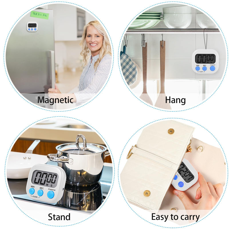 Weewooday 12 Pcs Digital Kitchen Magnetic Timer Bulk Classroom Count up Countdown Timer Large Digits Egg Loud Alarm Cute Desk Stopwatch for Teacher Kids Cooking Office(White,Stylish Style) Stylish Style White
