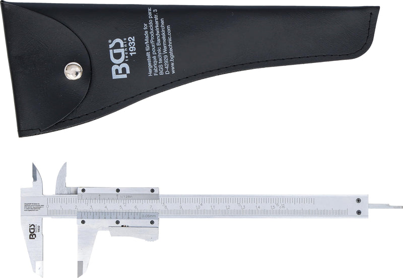 BGS 1932 Precision Vernier Calliper, Silver/Black, 0-150 mm | Vernier 1/20 mm | for internal, external and depth measurement | chrome-plated | faux leather case 0 - 150 mm