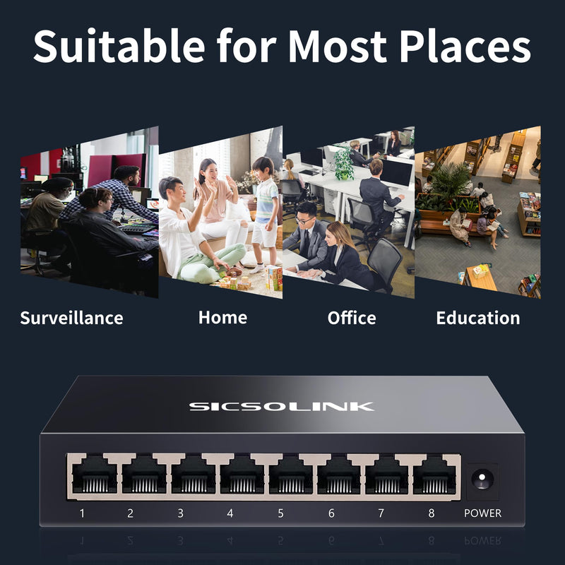 8 Ports Gigabit Unmanaged Ethernet Switch, Network Hub, Ethernet Splitter, Plug & Play, Fanless Metal Design, Traffic Optimization