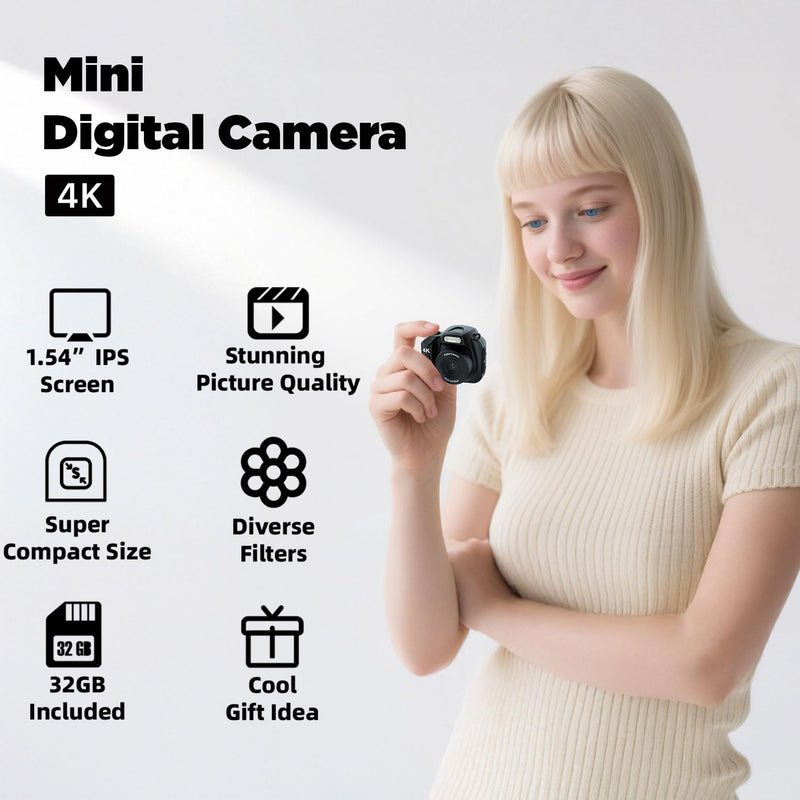 4K Mini Keychain Camera - Mini Digital Camera - Tiny Retro Pocket Size 16MP CMOS 1.54" Large LCD Screen Compact Size 32GB Included Travel Idea (Black) Black