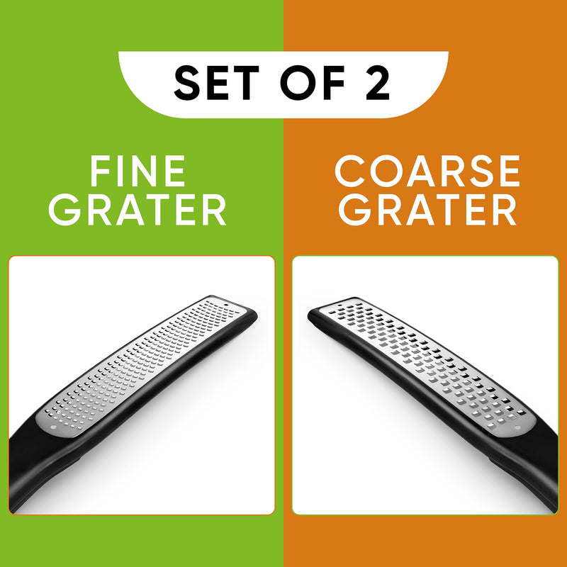 Spring Chef Premium Lemon Zester Grater with Handle - Ginger, Nutmeg, Garlic Grater - Heavy Duty Kitchen Tool - Stainless Steel Citrus Zester with Blade Cover - Fine & Coarse Shred, Set of 2, Black Fine & Coarse Zester