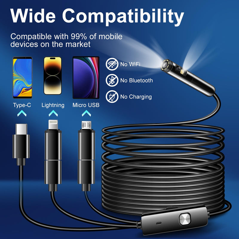 [Dual Lens] Endoscope Inspection Camera by AURTEC, Dual HD Lens, IP68 Waterproof, 33FT/10M Semi-Rigid Cable, Borescope Camera with LED Lights, Compatible with Android and iOS Devices 33 ft