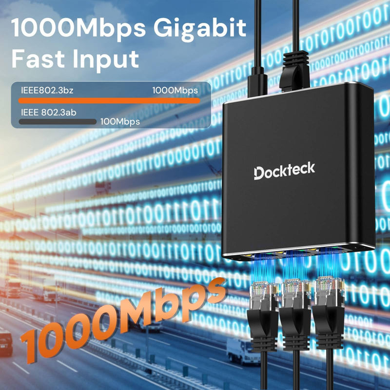 Ethernet Splitter 1 to 3 1000Mbps, Dockteck Internet Cable Splitter 1 in 3 Out High Speed Switch Network Gigabit for LAN RJ45 Port Router Switch Work with Cat5/5e/6/7/8 Cable Ethernet Splitter 1 to 3-Black