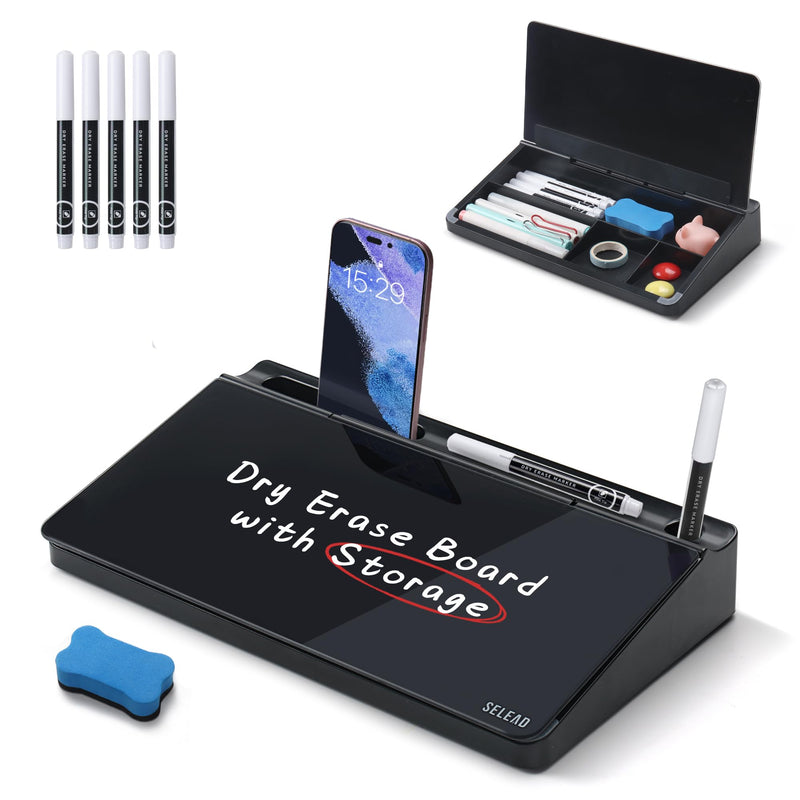 SELEAD Black Desktop Glass Whiteboard + White Desk Dry Erase Board with Calculator, Tabletop Storage Keyboard Stand for Home Office School
