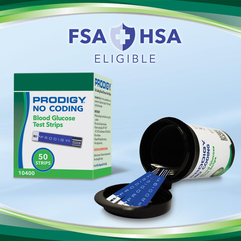 PRODIGY 10400 No Coding Blood Glucose Test Strips for Diabetes, Box of 50 Strips, Compatible with PRODIGY AutoCode, Pocket & Voice Blood Glucose Monitoring Systems