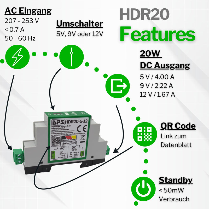 DPS – DIN Rail Power Supply 5V | 9V | 12V - 20W 230Vac Power Supply Transformer HDR20 Switch 5V | 9V | 12V AC NoElko Power Supply Industrial Quality 5V | 9V | 12V