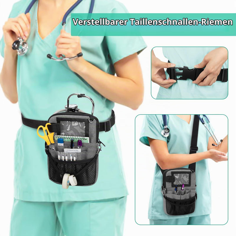 Trunab Nurse Waist Bag with Adjustable Waist Belt - Gray | Nurse organizer bag with multiple compartments, ideal for nursing set and stethoscope