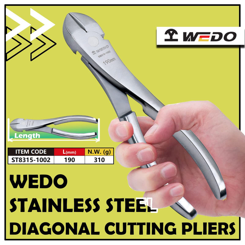 WEDO 7.5-inch Stainless Steel Diagonal Cutting Pliers, Side Cutting Pliers, Wire Cutter, Diagonal Cutters for Cutting Wires, Length 190mm