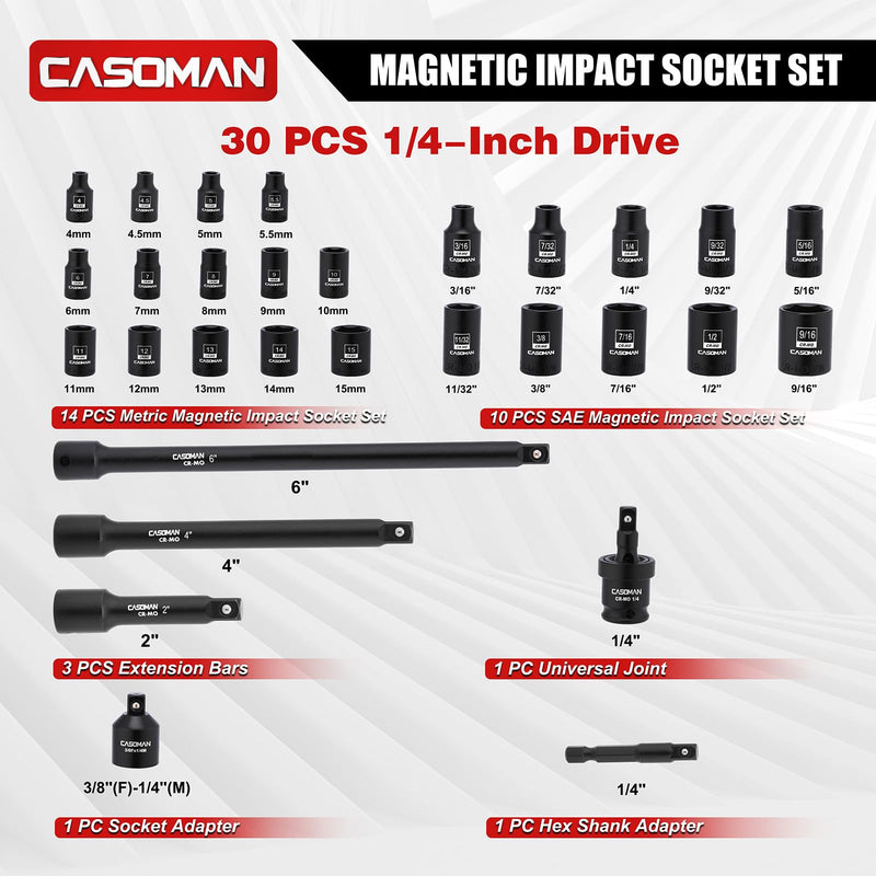 CASOMAN 30PCS 1/4” Drive Magnetic Shallow Impact Socket Set, 6 Point, CR-MO, SAE & Metric, Include Extension Bars, Socket & Hex shank Adapters, Universal Joint