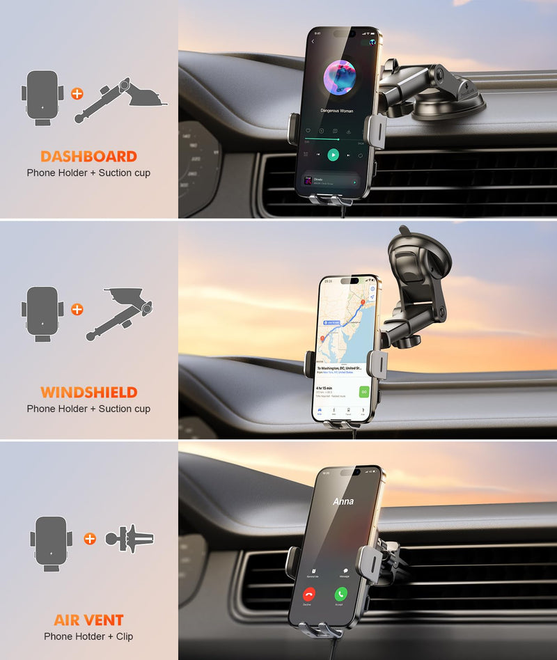 Wireless Car Charger Mount Auto Clamping, 15W Fast Charging Car Phone Holder Charger for Dash Windshield Vent Compatible with iPhone 15 14 13 12 Pro Max, Samsung Galaxy S24+ S23 Ultra S22 S21+