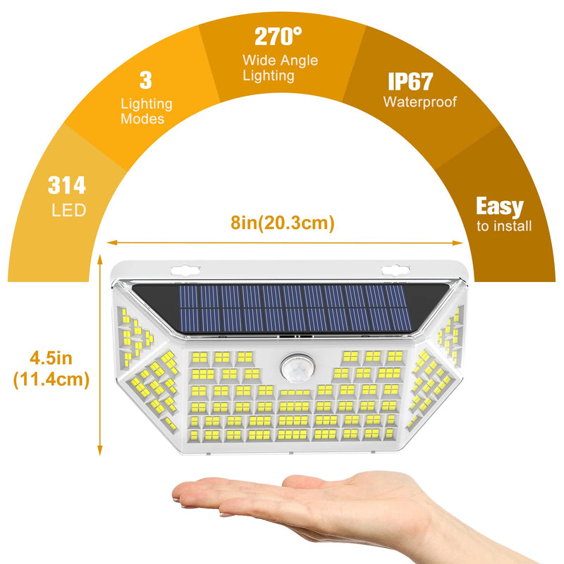 314 LEDs Motion Sensor Outdoor Lights 800LM 6000 K Solar Powered Flood Lights Outdoor IP67 Waterproof with 3 Modes 270° Wide Angle Lighting Security Wall Lights for Outside Yard Garden- 2 Pack