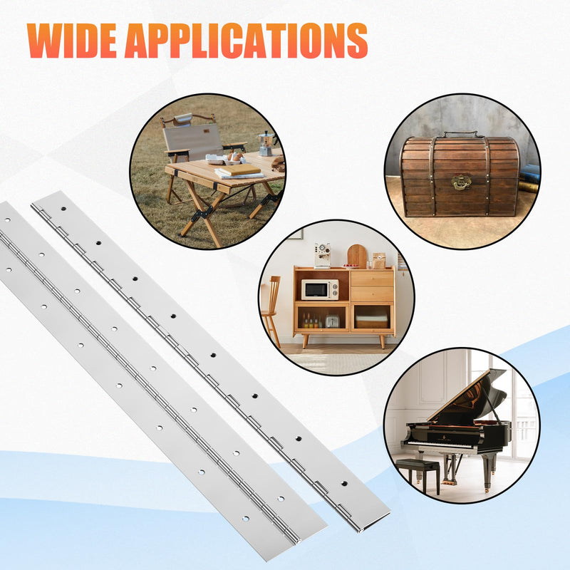 Heavy Duty Piano Hinge 20Inch x 2-1/2Inch, 2PCS 0.06" Thickness Stainless Steel Continuous & Piano Hinges for Wood Furniture Mailbox Tool Storage Boxes Cabinets Door Hinges-Silver Silver