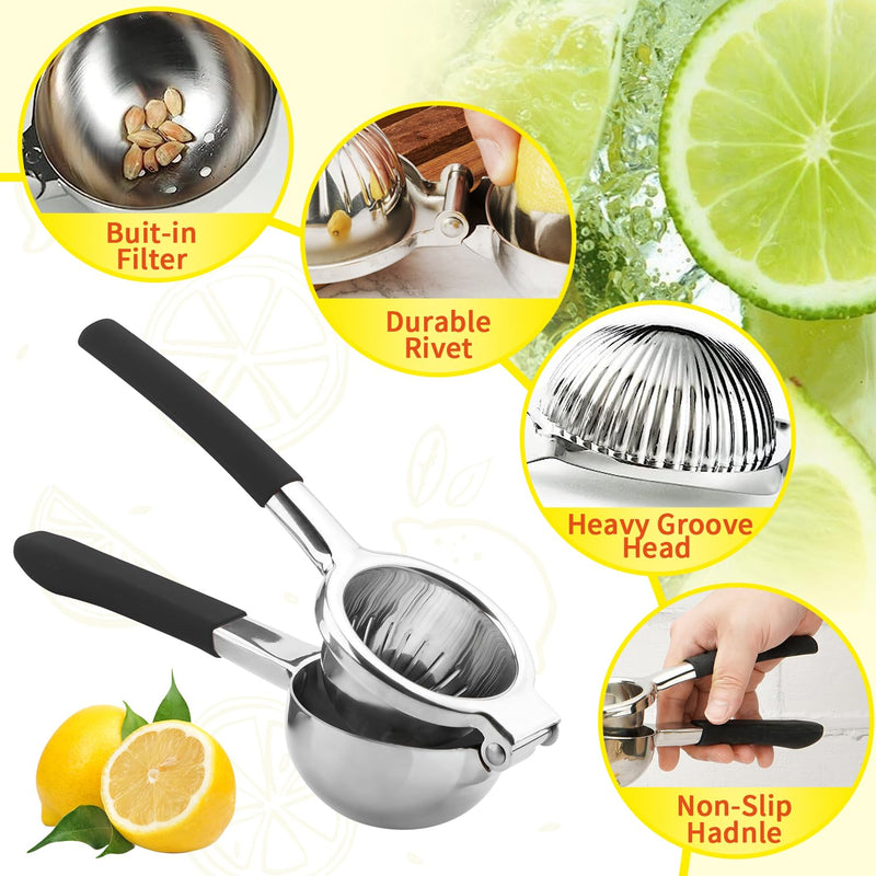 Lemon Squeezer,304 Stainless Steel Citrus Press Juicer,Non-Slip Grip Design Manual Juicer,Heavy Duty Manual Citrus Press Juicer & Lime Squeezer-Silver & BLack Silver & BLack