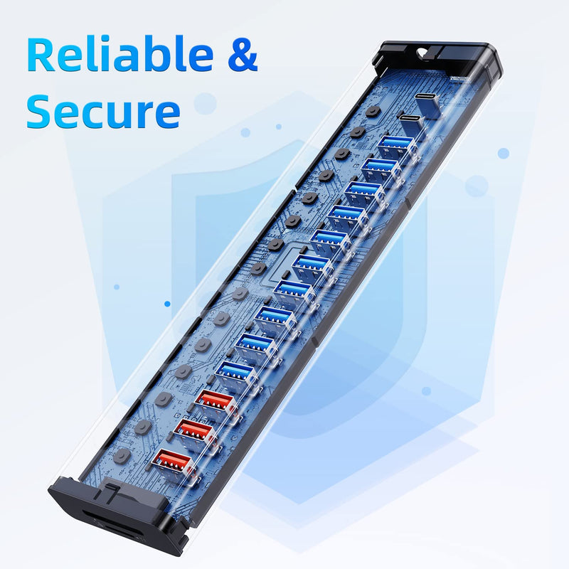 Powered USB Hub 10Gbps, 17 Ports 96W USB 3.2 Hub(10 USB-A 3.2 Ports+3 QC 24W Fast Charging Ports+2 USB-C 3.2 Ports+SD/TF Card Reader), 12V/8A Power Adapter for Laptop, PC, Computer, HDD,Flash Drive Black
