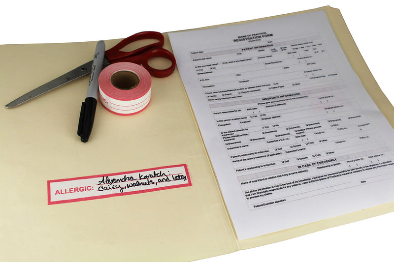 ChromaLabel 1 Inch Allergic Write-in Tape for Allergy Labels and Allergy Stickers for Medical Charts, Red and White Imprint, 13.88 Yards per Roll - Case of 5 1" Wide, 13.89 Yards Pack of 5