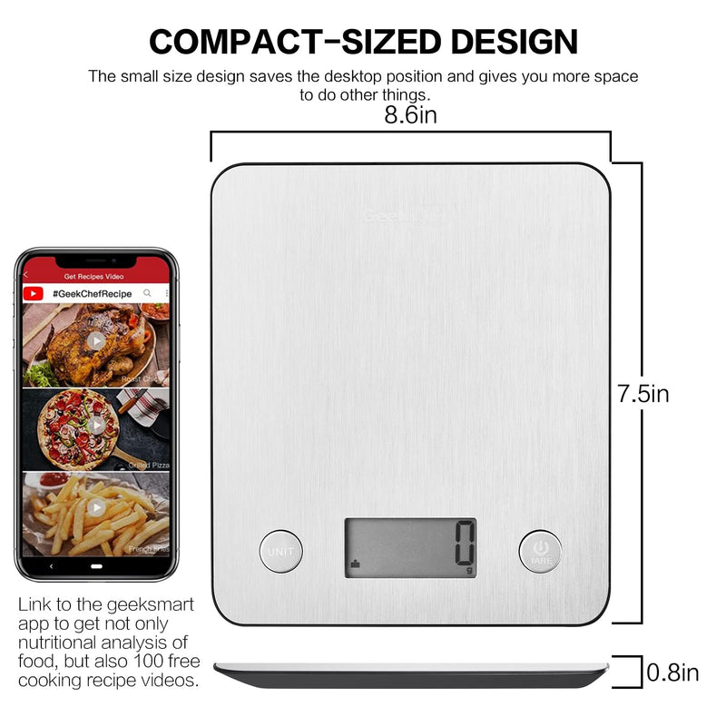 Geek Chef Food Scale,Smart Food Nutrition Scale, Scale for Food Weight Loss,Digital Kitchen Scales,Kitchen Tools for Baking, Cooking,Meal Prep,Weight Loss,1g/0.1oz Precise Graduation, Stainless Steel Silver