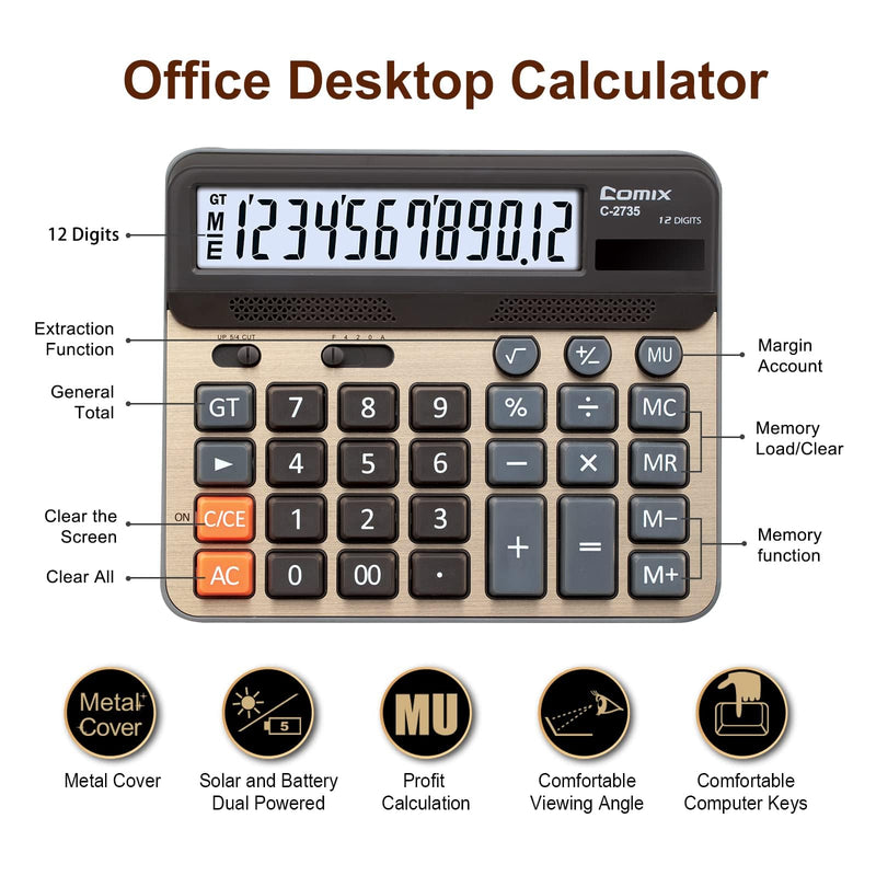 Comix Desktop Calculator, Large Computer Keys, 12 Digits Display, Champaign Gold Color Panel, C-2735, 2-Pack Gold 2Pack