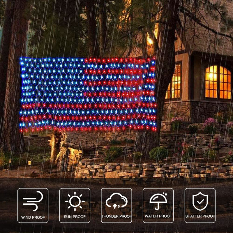 Solar American Flag Lights, 420 LED Waterproof American Flag Net Lights Independence Day Decorations 8 Modes Outdoor String Light for 4th of July Independence Day, Garden, Yard Home Decorations 6.6FT*3.3FT Solar Power+Remote