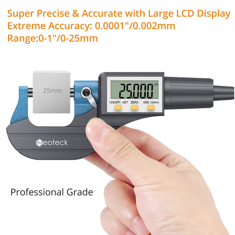 Neoteck Digital Micrometer Micro Caliper Outside Micrometer Electronic 0-25 mm with LCD Display Micrometer 0.001 mm / 0.00005 "