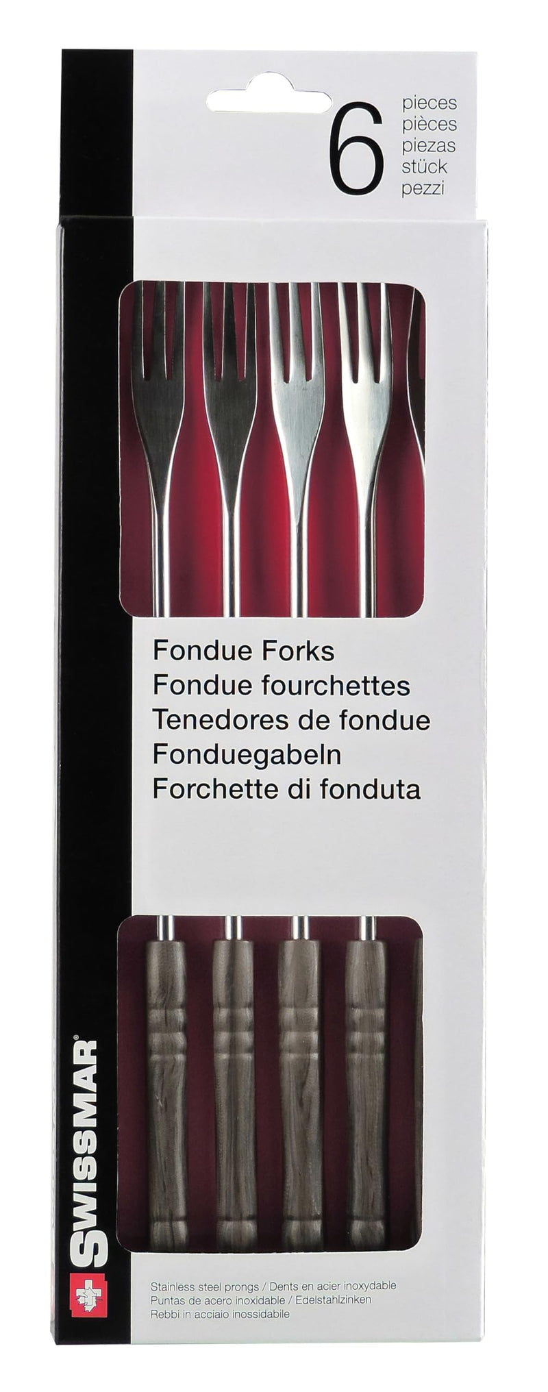Swissmar Cheese Fondue Forks – Set of 6 with Dark Wood Numbered Handles – Stainless Steel 3-Tine Curved Tips – Heat Resistant – 10” Long Fondue Forks for Cheese, Bread, & Entertaining Cheese Forks