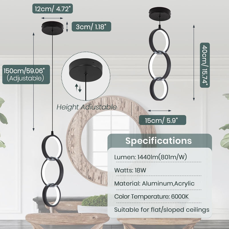 6000K Modern Led Pendant Light Fixture, 18W Black Spiral Led Pendant Lamp Chandelier Hanging Lamp,Adjustable Height Pendant Lights for Kitchen Dining Room Bedroom Kitchen Island, 1 Pack Black,6000K