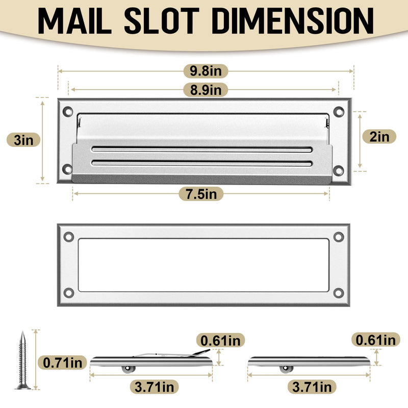 10 inch Mail Slot for Front Door, Stainless Steel Mail Slot Cover, Easy to Install, 1 Pack, 10"×3", Silver 10 Inch