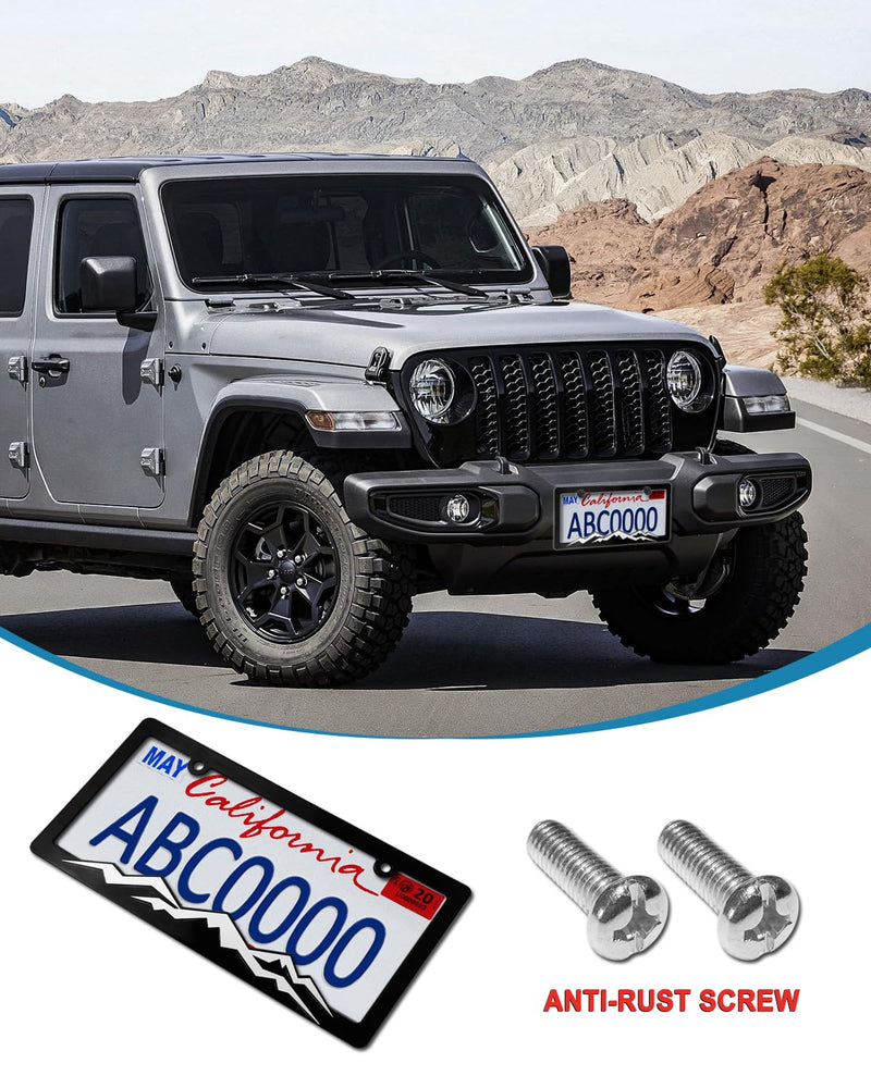 Mountain License Plate Frames- Plastic Black Car Tag Holder Bracket with Screws Caps, 2 Packs 2 Hole, White on Black, Mountain Vinyl Sticker Included