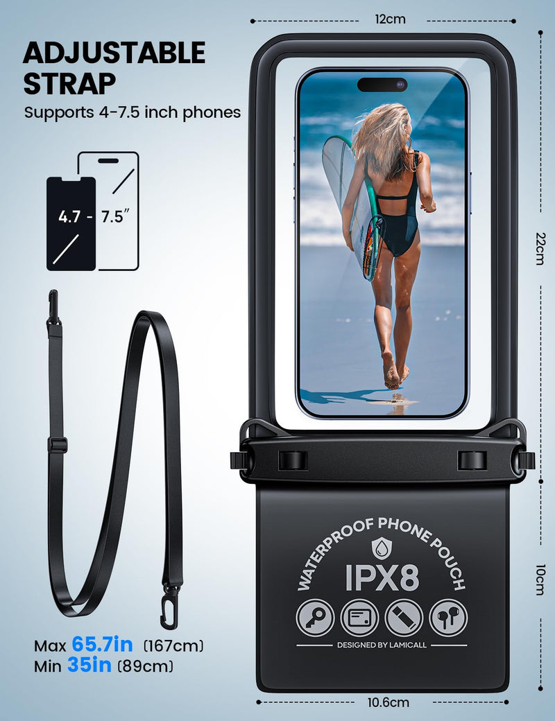 Lamcall Double Bag Waterproof Phone Pouch - IPX8 Waterproof Phone Case with Lanyard, Cell Phone Dry Bag Beach Essentials for iPhone 15/ Pro/Pro Max/Plus/14/13, Galaxy 24/23/22, 4-7.5" with Case Black