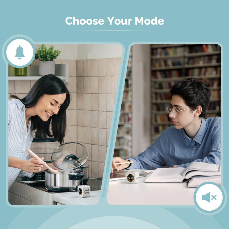 KADAMS Pomodoro Cube Timer Productivity Visual Timer - 5/10/25/50 Min Rotating Countdown, Customize Countup Silent Mode- for Work Study Cook Workout Kitchen Back to School Classroom (White, 2 Pack) White + White