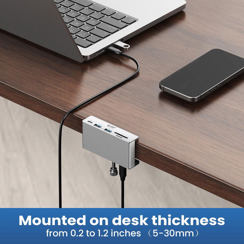 EJAY 5-Port USB 3.0 Hub with Card Reader & Clamp Aluminum Desktop Docking Station with 5Gbps Speed for PC Mac Laptop, 59inches Data and 39inches Power Cable Silver