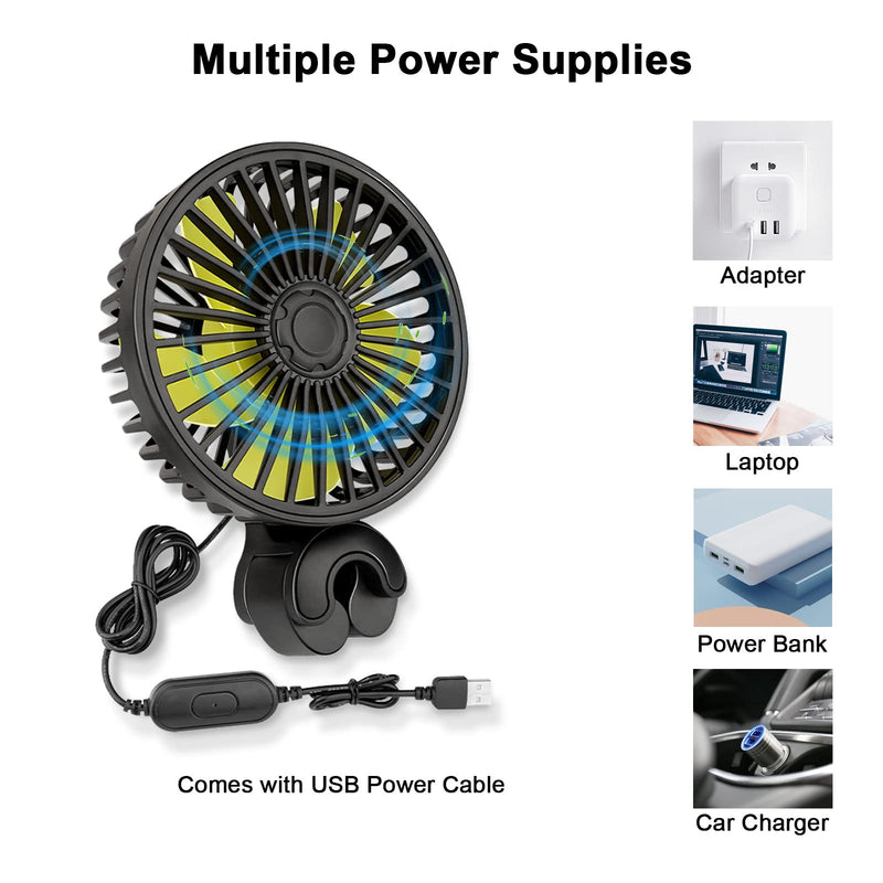 Car Fan for Backseat, USB Powered Car Rear Seat Headrest Fan, 3 Speeds and 360 Degree Rotatable Cooling Fan, Powerful Air Circulation Fan for Sedan, SUV, RV, Pickup, Truck, Van, Golf Vehicles and Boat