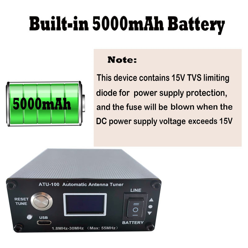 ATU-100 EXT Antenna Tuner for Ham Radio, GOOZEEZOO V3.2 1.8-55MHz Automatic Antenna Tuner by N7DDC 100W Open Source with 5000mAh Battery