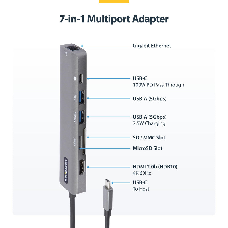 StarTech.com 7-in-1 USB-C Hub, Extra Long Cable Multiport Adapter with Gigabit Ethernet, 4K 60Hz HDMI, Gigabit Ethernet, SD/microSD and 100W Charging for MacBook Pro/Air and Windows