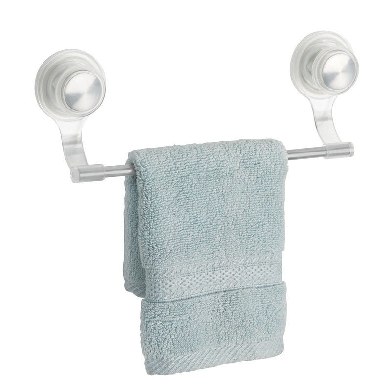mDesign Strong Suction Wall Mount Plastic/Metal Wash Cloth Hand Towel Bar for Bathroom, Shower Stall, Bathtub - 2 Pack, Clear/Stainless Steel